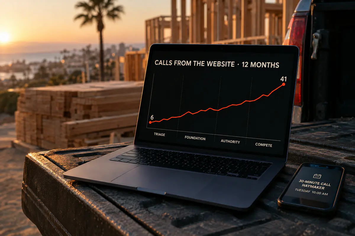A laptop on a tailgate showing a twelve-month chart of calls from the website rising from 6 to 41, beside a phone with a 30-minute call booked.