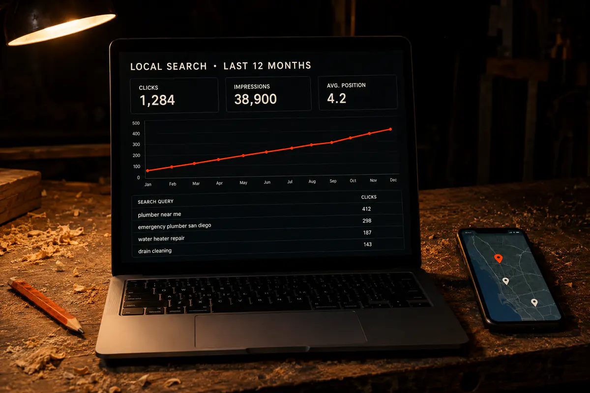 A laptop showing a local search analytics dashboard with clicks, impressions, a rising twelve-month chart and a table of search queries.