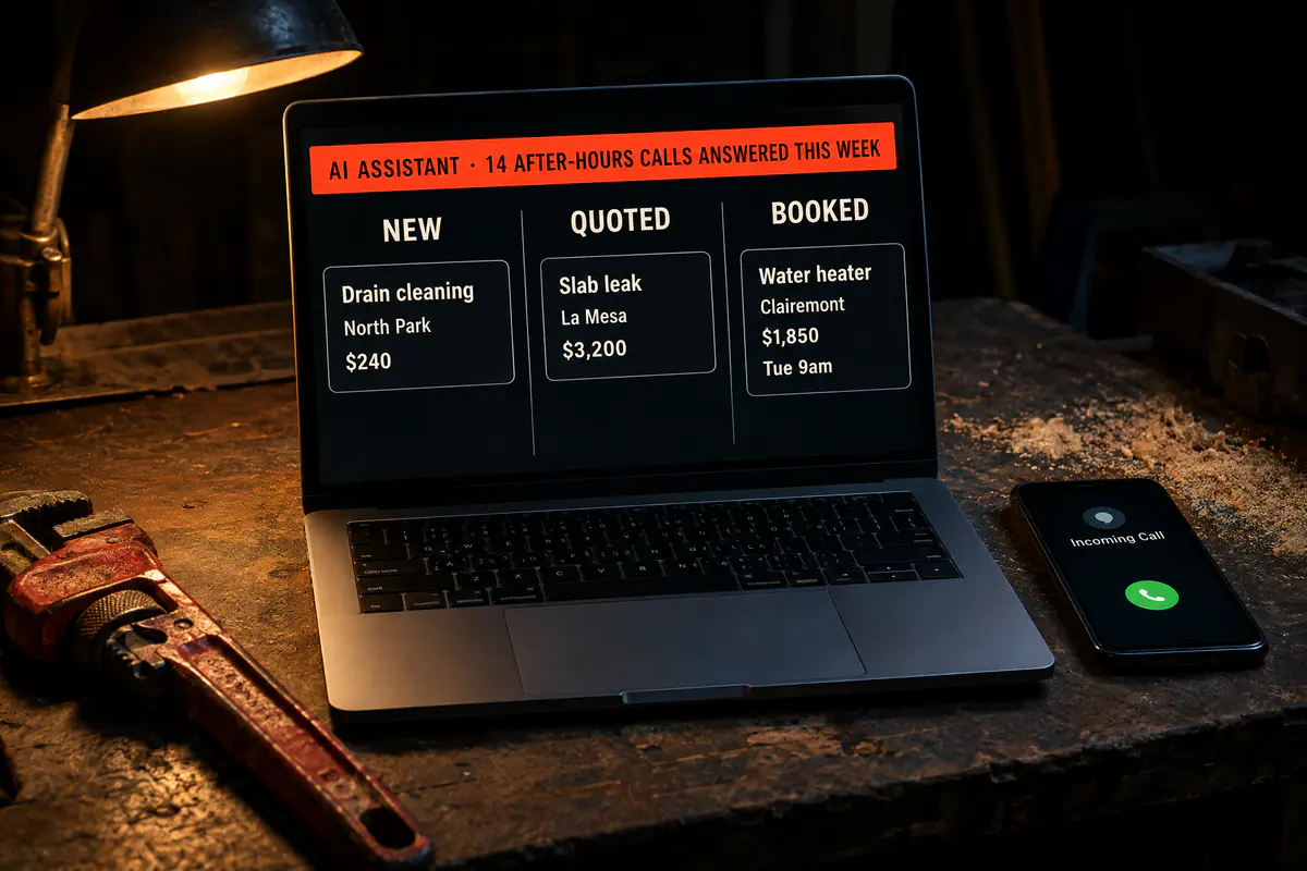A laptop showing a lead pipeline board with New, Quoted and Booked columns under a banner reading 14 after-hours calls answered this week.