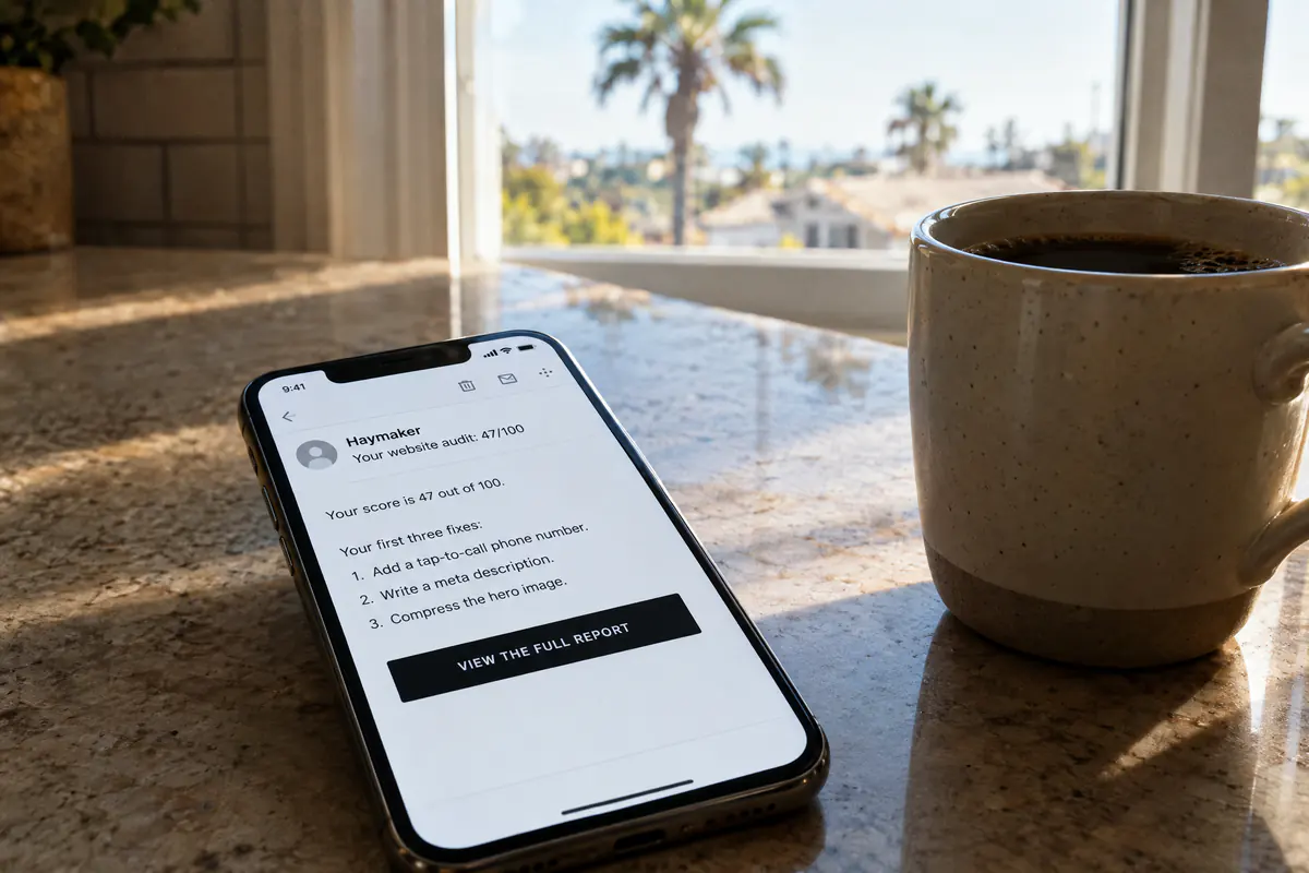A phone on a kitchen counter showing the audit email: subject Your website audit 47/100, the first three fixes, and a View the full report button.