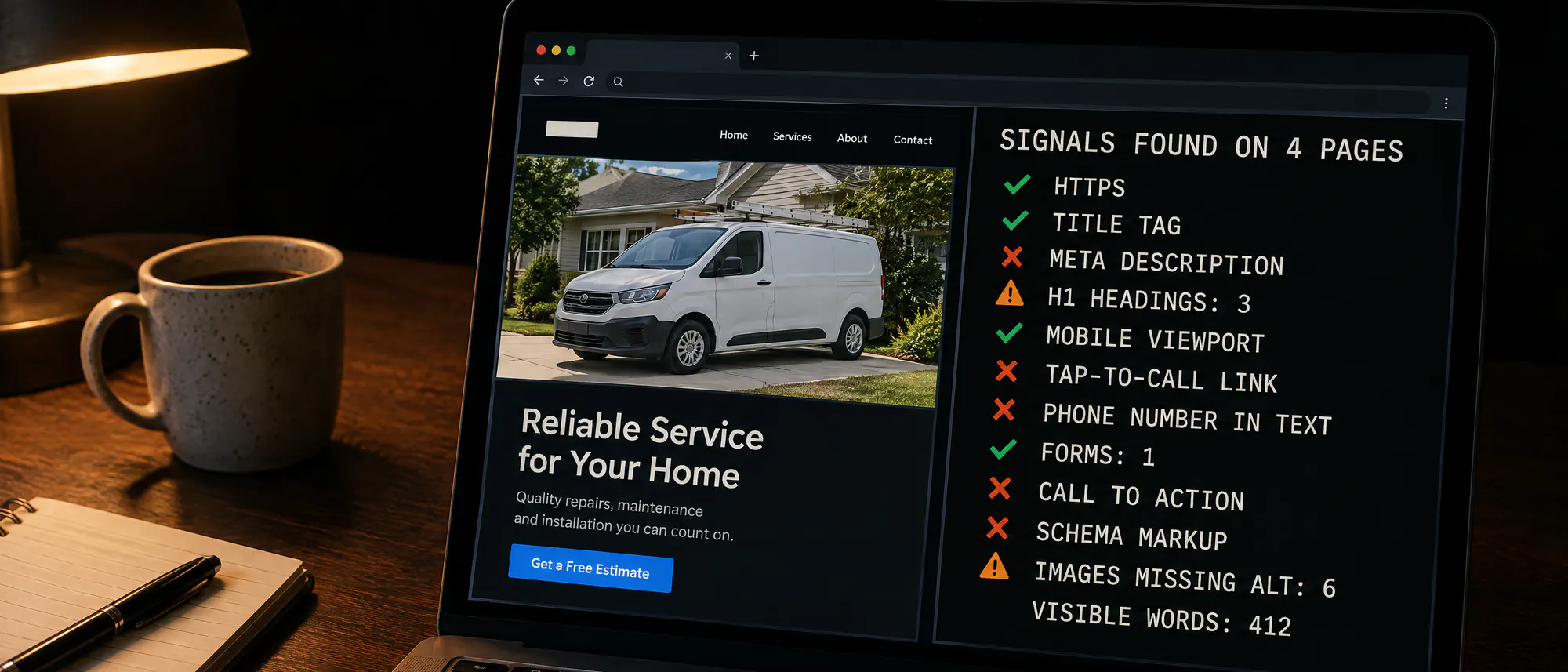 An audit tool on a laptop screen: a contractor homepage on the left and a checklist of twelve signals on the right with green checks and orange crosses.
