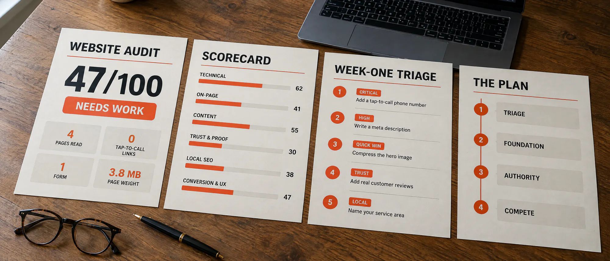 Four printed pages of a website audit report on a kitchen table: the 47 out of 100 headline, the six-bar scorecard, the week-one triage list and the four-phase plan.