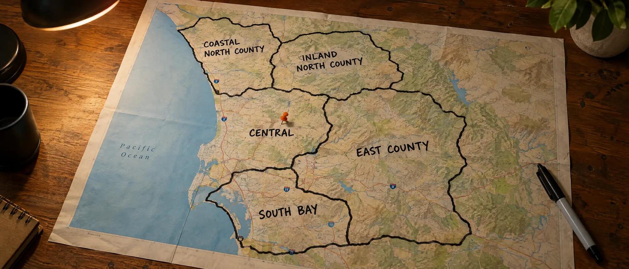 A paper map of San Diego County with five markets outlined and labelled in marker: Coastal North County, Inland North County, Central, East County and South Bay.