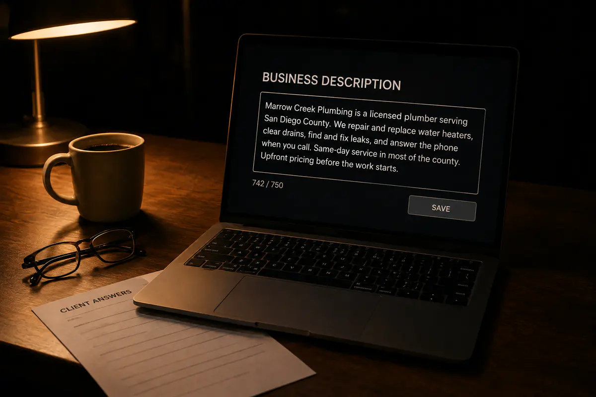 A laptop showing the business description being written in plain language, 742 of 750 characters, beside reading glasses and coffee.
