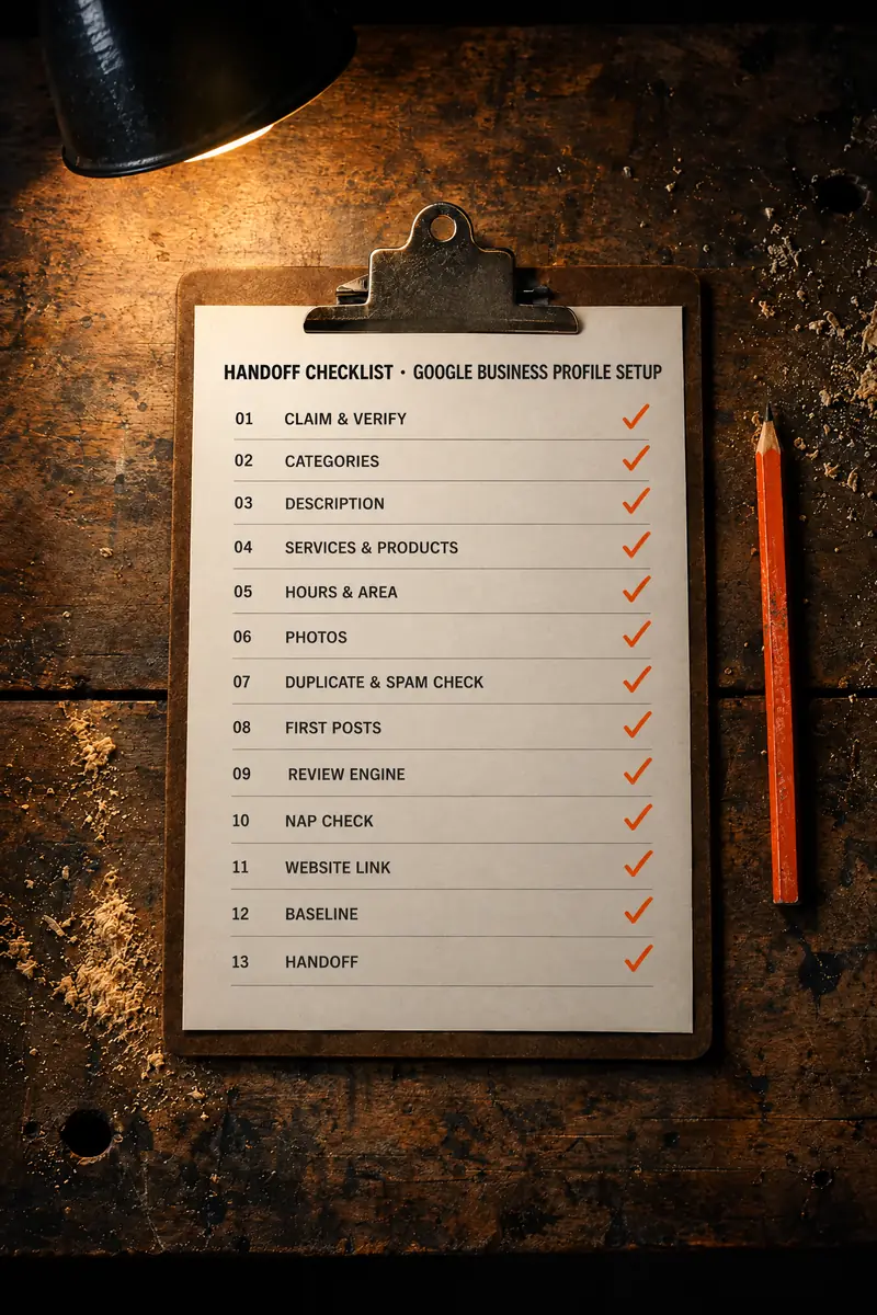 The thirteen-item handoff checklist for the Google Business Profile setup on a clipboard, every item ticked, item 07 duplicate and spam check.