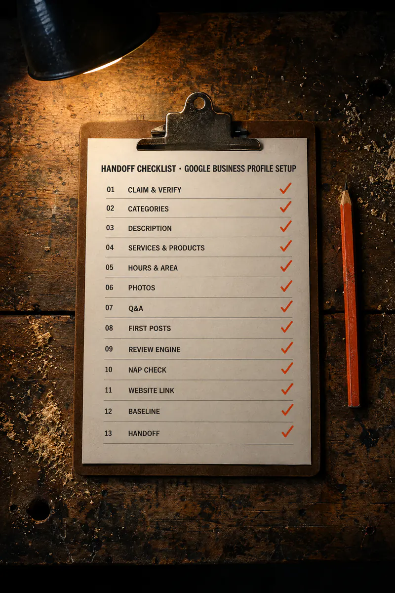 The thirteen-item handoff checklist for the Google Business Profile setup on a clipboard, every item ticked.