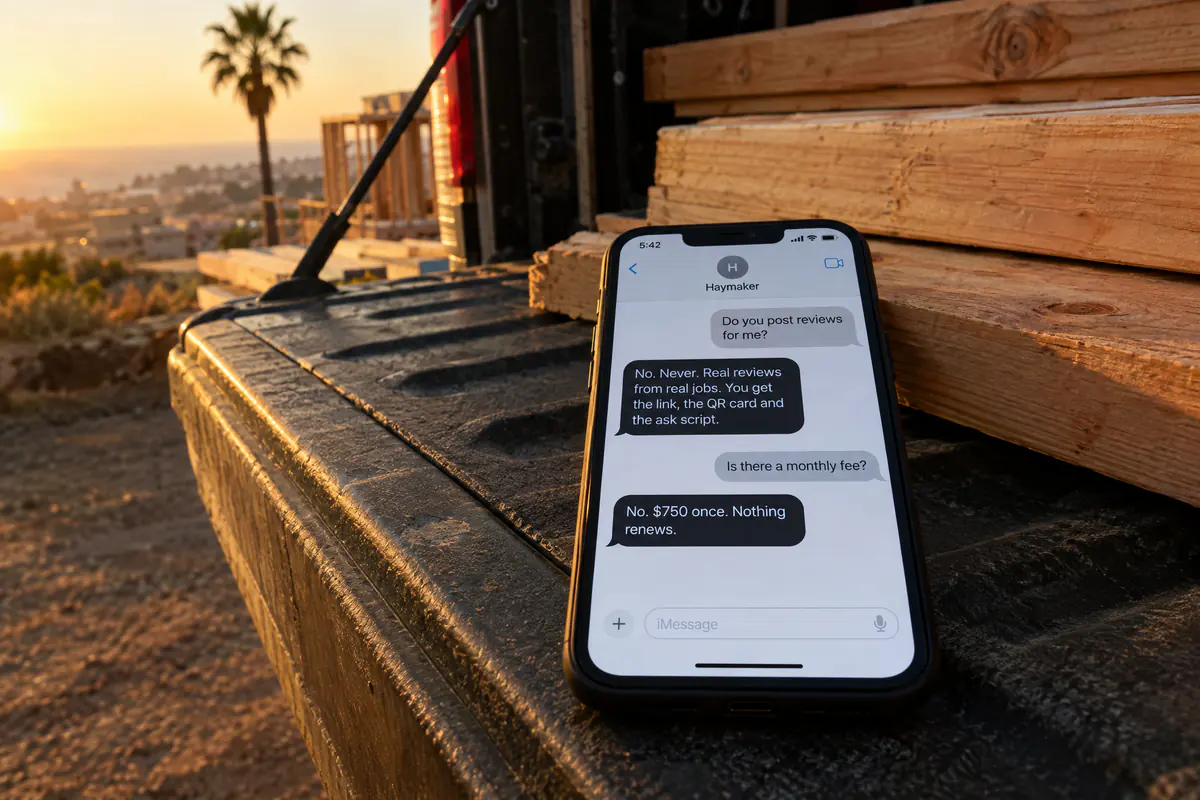 A phone on a tailgate showing a text thread with Haymaker: Do you post reviews for me? No. Never. Is there a monthly fee? No.
