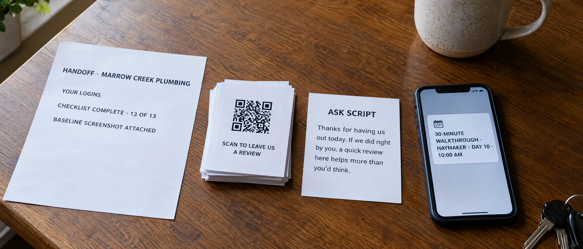 The handoff kit on a kitchen table: the one-page doc, QR review cards, the ask script and a phone with the walkthrough call booked.