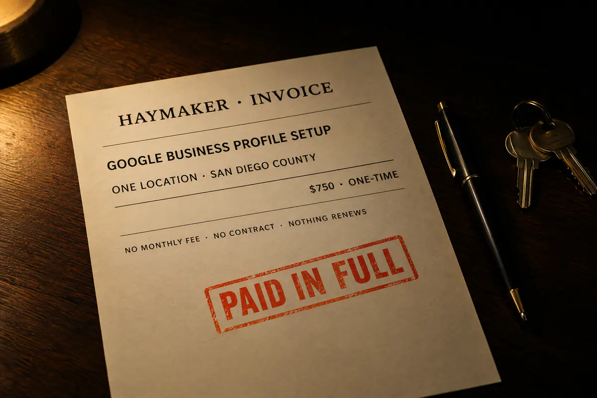 A Haymaker invoice for the Google Business Profile setup, one location, $750 one-time, stamped Paid in full.