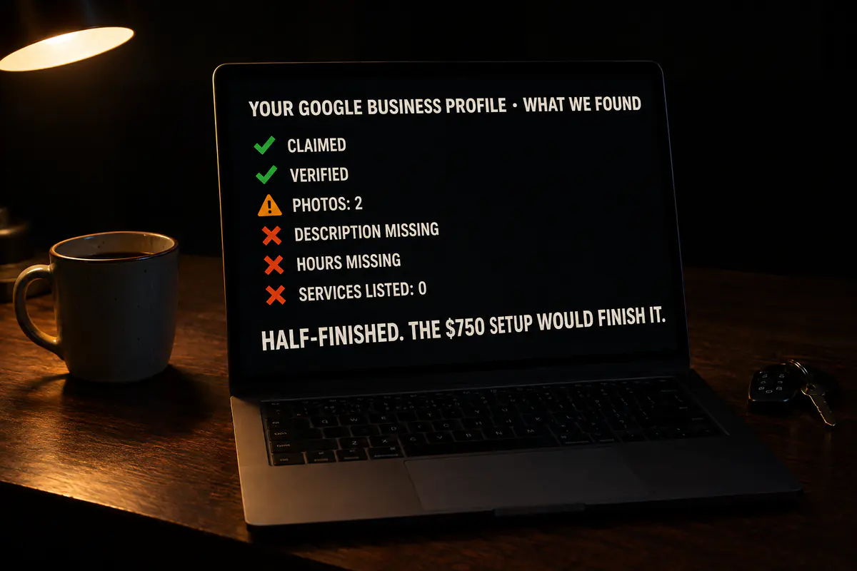A laptop showing the audit's findings on a Google Business Profile: claimed and verified, but photos, description, hours and services missing.