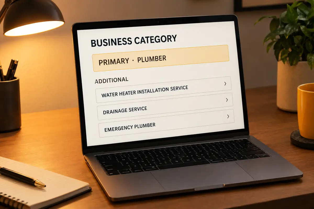 A laptop showing the business category settings: primary category Plumber, with water heater installation, drainage and emergency plumber as additional categories.