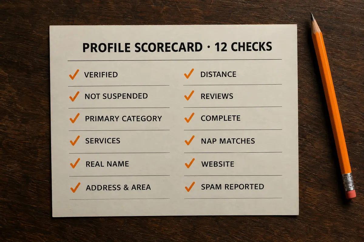 A printed profile scorecard with all twelve checks ticked, from verified and not suspended to NAP matches, website and spam reported.