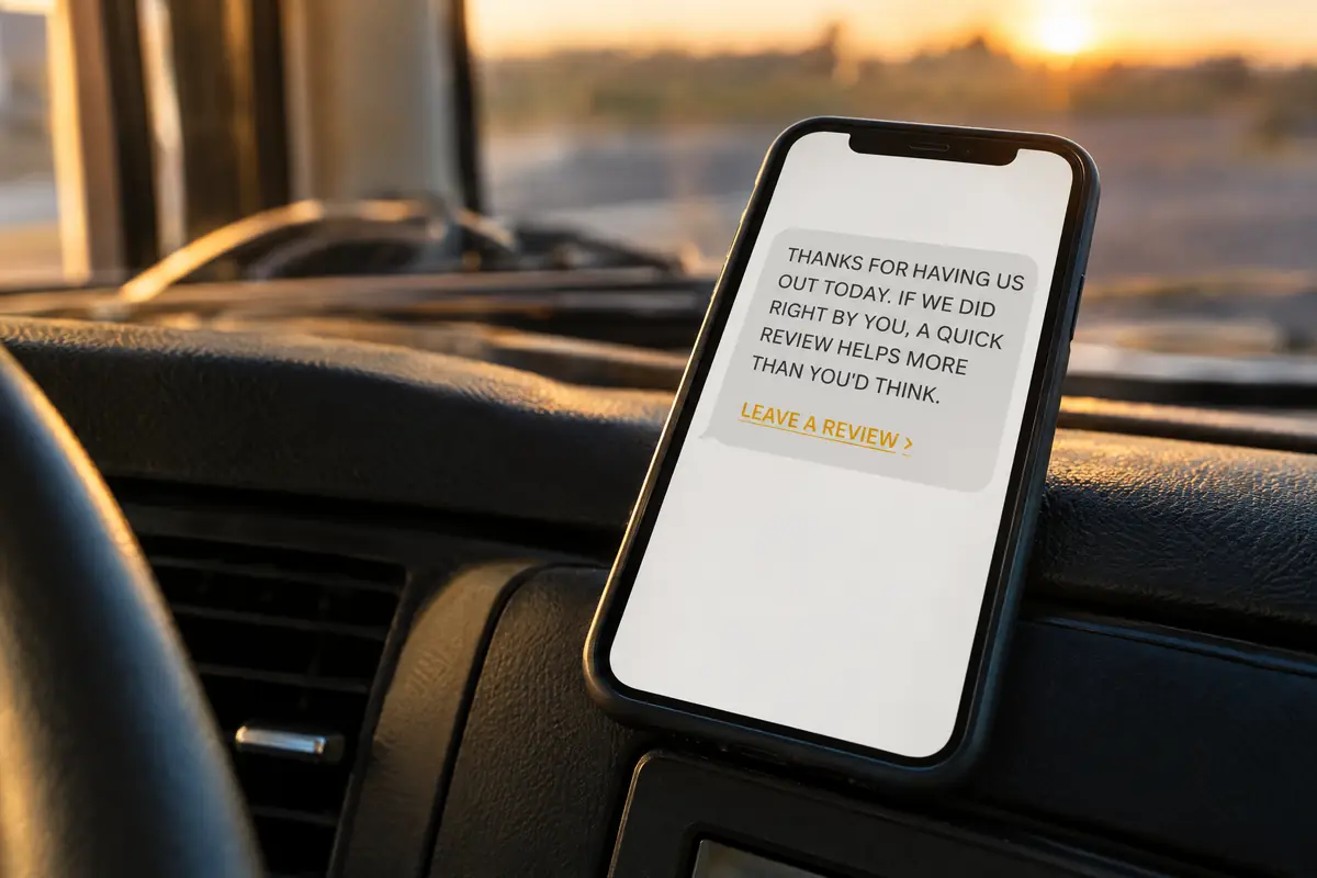 A phone on a truck dashboard showing a review request text sent after a job, with a Leave a review link.