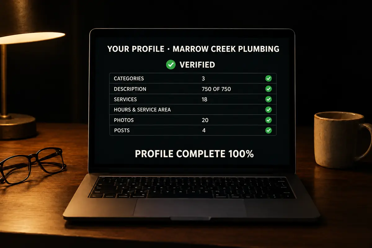 A profile manager screen for Marrow Creek Plumbing showing verified, every field complete, and Profile complete 100%.