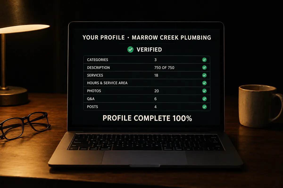A profile manager screen for Marrow Creek Plumbing showing verified, every field complete, and Profile complete 100%.