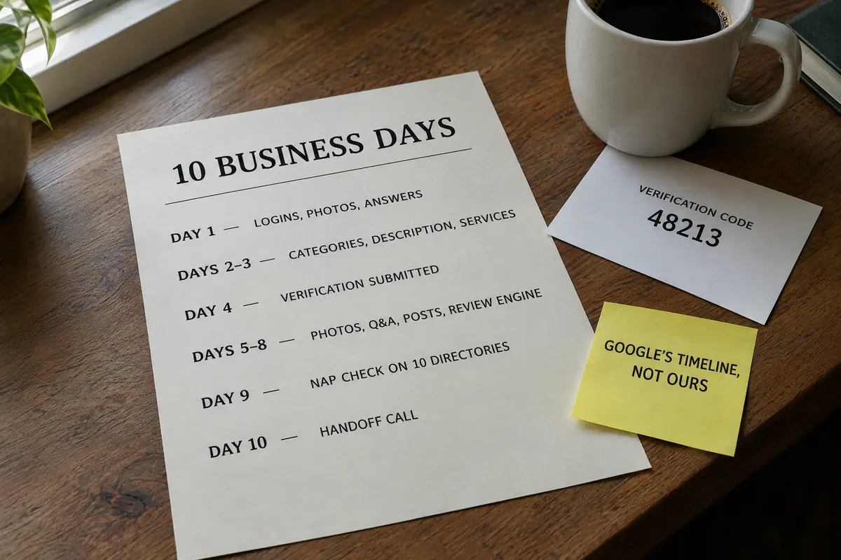 A printed ten-business-day schedule beside a verification postcard and a sticky note reading Google's timeline, not ours.