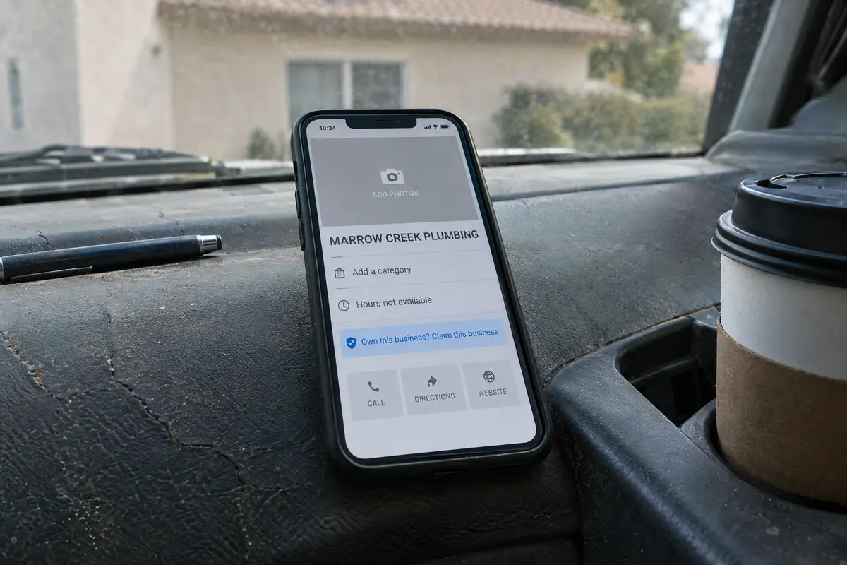 A phone on a truck dash showing a half-finished business listing: no photos, no category, hours not available, Own this business?