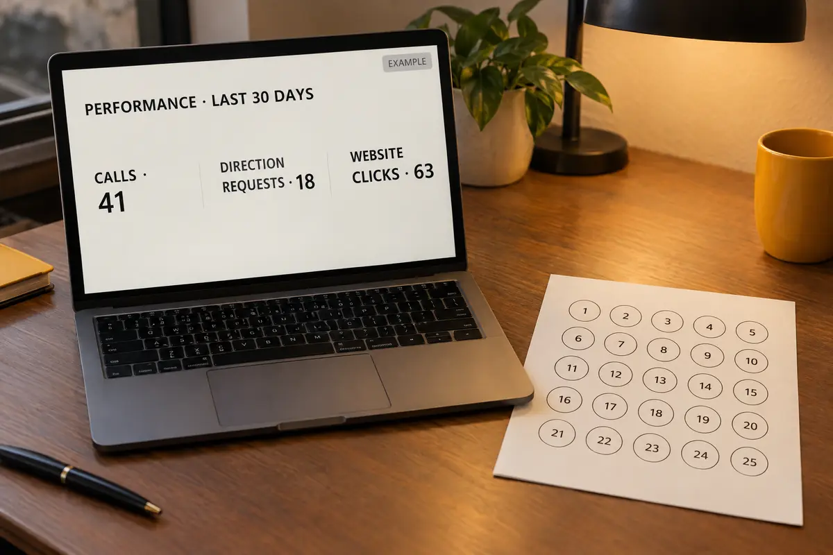A laptop showing an example performance view, calls, direction requests and website clicks for the last 30 days, beside a printed grid of rank checks.