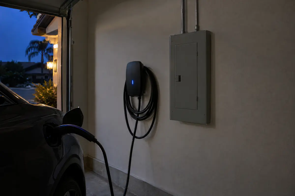 An EV charger with a blue status light plugged into a car in a home garage, next to a new electrical panel.