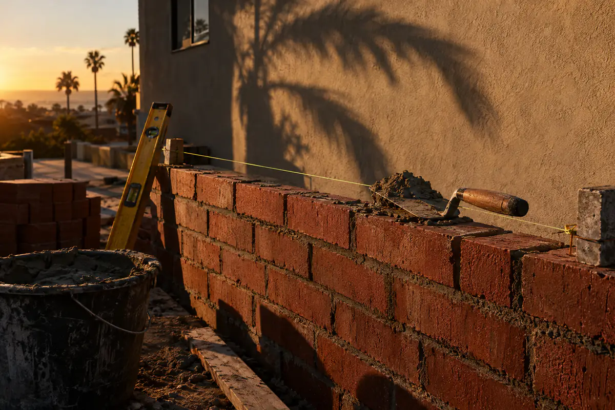 Four courses of brick on fresh mortar with a trowel and a string line, palms and sunset behind.