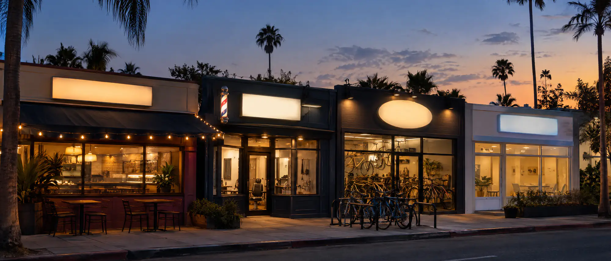 A row of small storefronts at dusk, a cafe, a barber, a bike shop and a clinic, with blank lit signs.