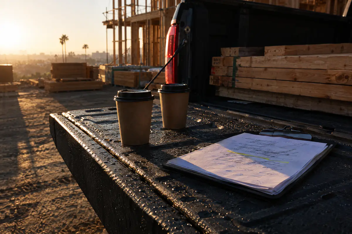 Two coffee cups and a clipboard on a truck tailgate at sunrise on a framing site.