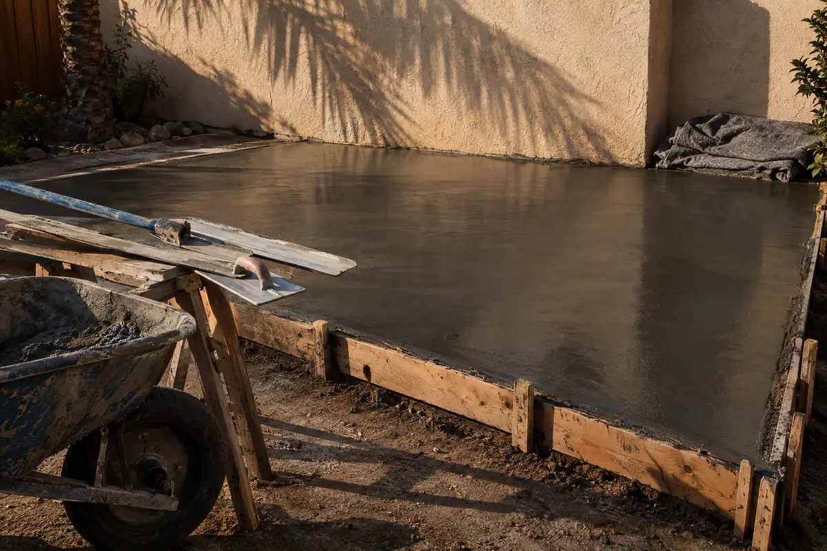 A freshly poured concrete slab curing inside its wooden forms in a San Diego backyard.