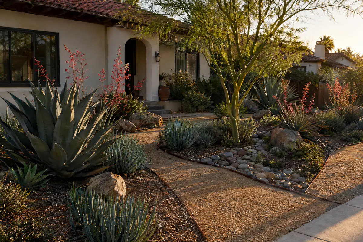 A drought-tolerant front yard with agave, red yucca, decomposed-granite paths and a dry creek at golden hour.
