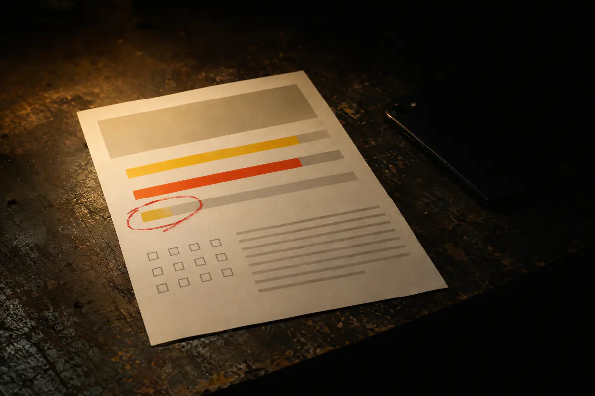 A one-page scorecard with coloured score bars, one circled in red grease pencil, on a workbench.