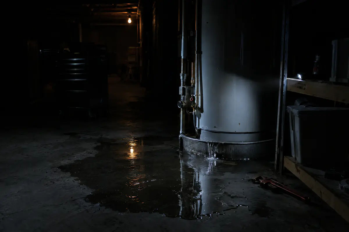 A water heater overflowing its drip pan onto a garage floor, lit by a phone flashlight.