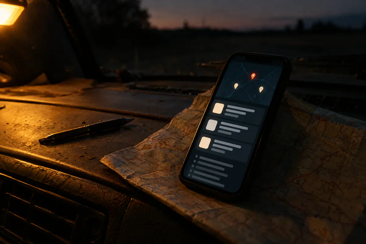 A phone on a truck dash showing three map pins above three listings and a column of plain results.