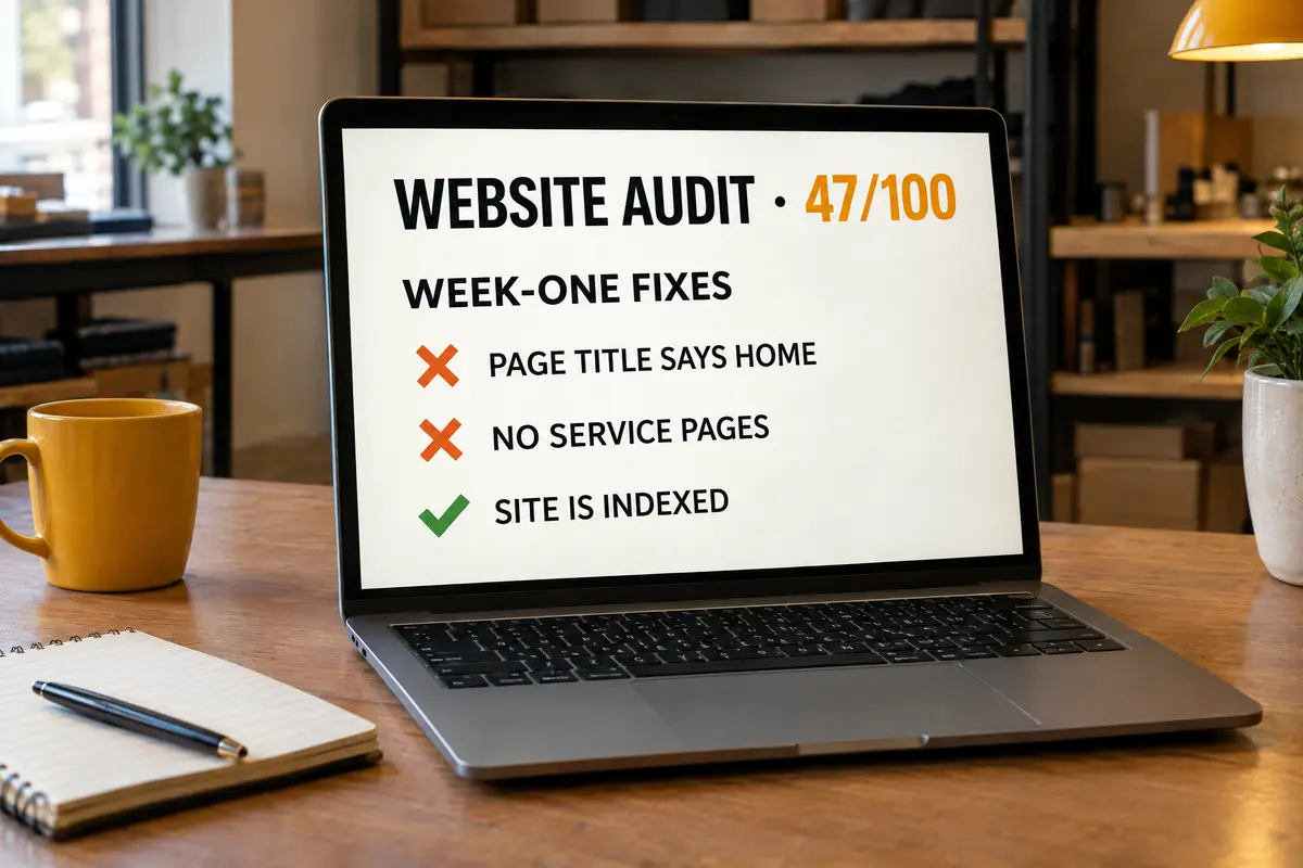 A laptop showing a website audit scored 47 out of 100 with week-one fixes: page title says Home, no service pages, site is indexed.