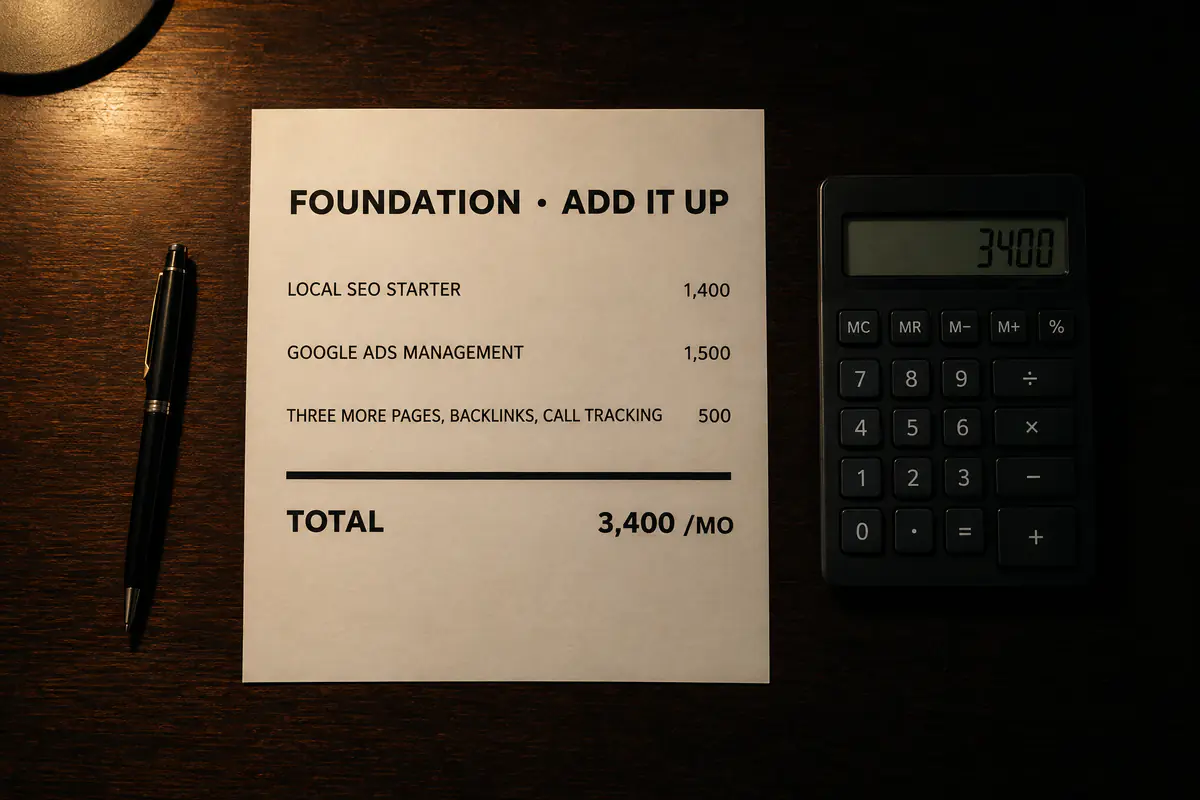 A printed sum on a desk: Starter 1,400 plus Ads 1,500 plus 500 for pages, backlinks and call tracking, total 3,400 a month, beside a calculator reading 3400.