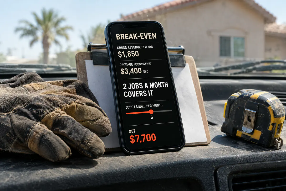 A phone on a truck dash showing the break-even calculator: $1,850 a job, Foundation at $3,400 a month, two jobs a month covers it.