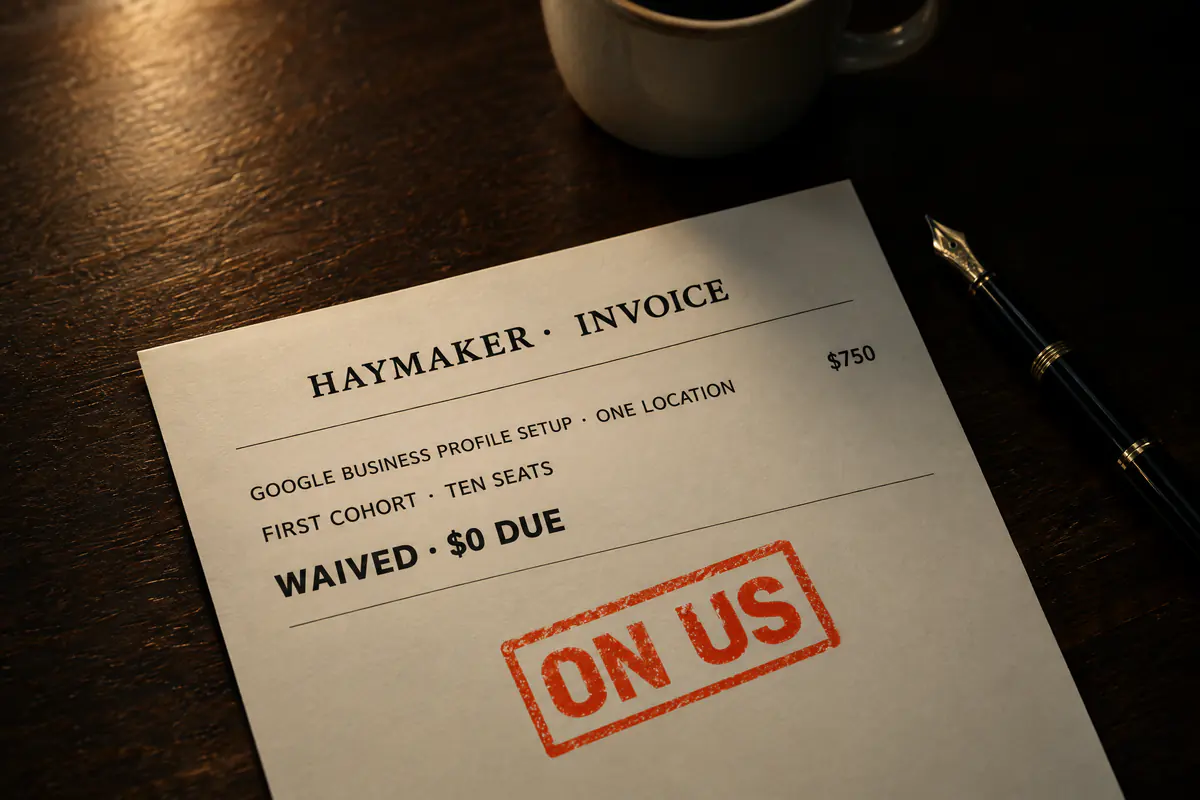 A Haymaker invoice for the $750 profile setup marked waived, $0 due, with an orange stamp reading On Us.