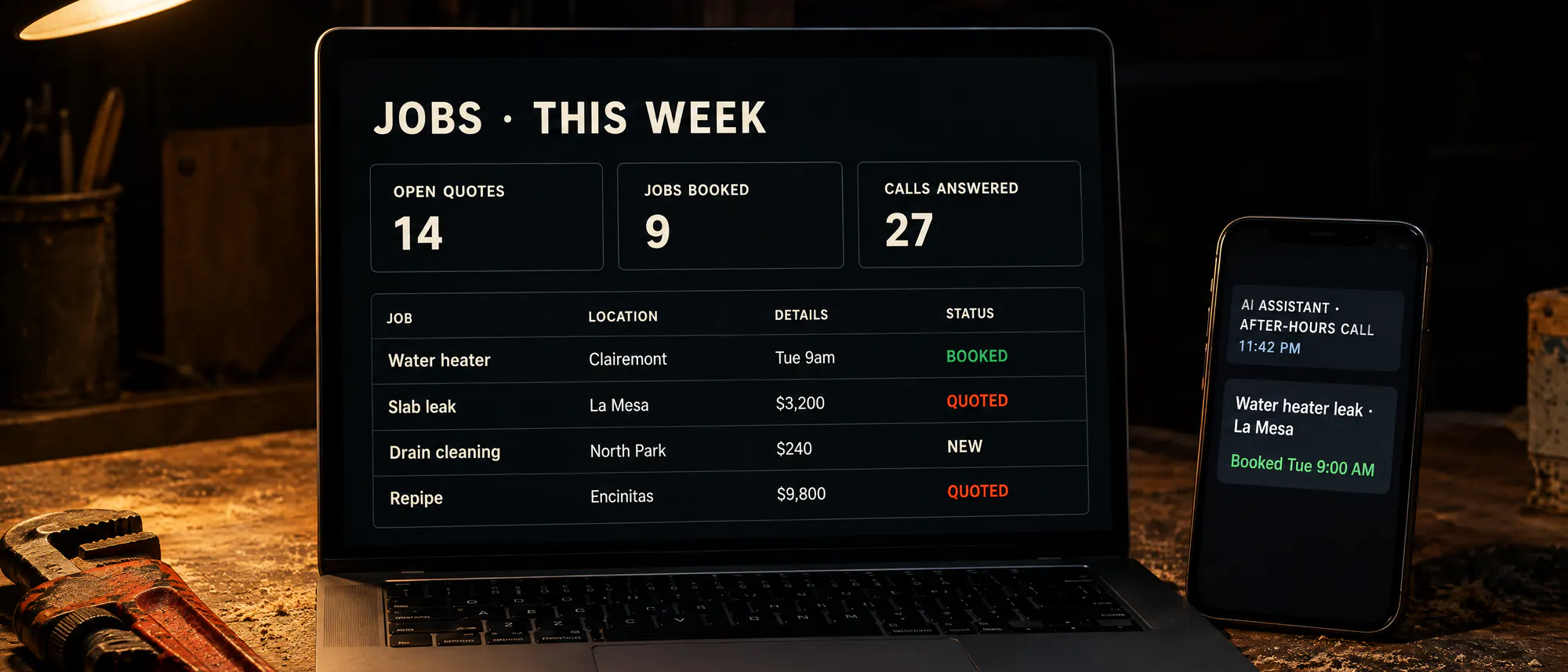 A laptop showing a custom job-tracking dashboard with quotes, bookings and calls, beside a phone with an after-hours call summary.