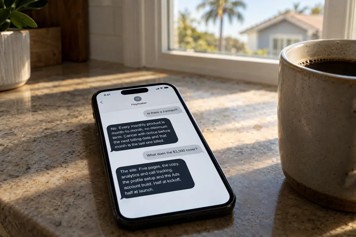 A phone showing a text thread with Haymaker answering Is there a contract? and What does the $3,500 cover?