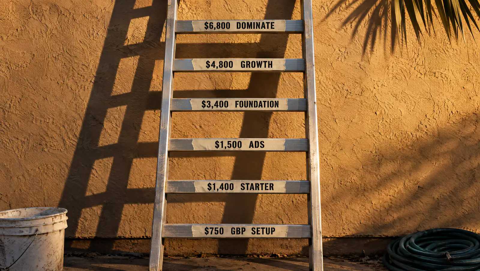 An extension ladder against a stucco wall with the six products taped to its rungs, $750 setup at the bottom, Dominate at the top.