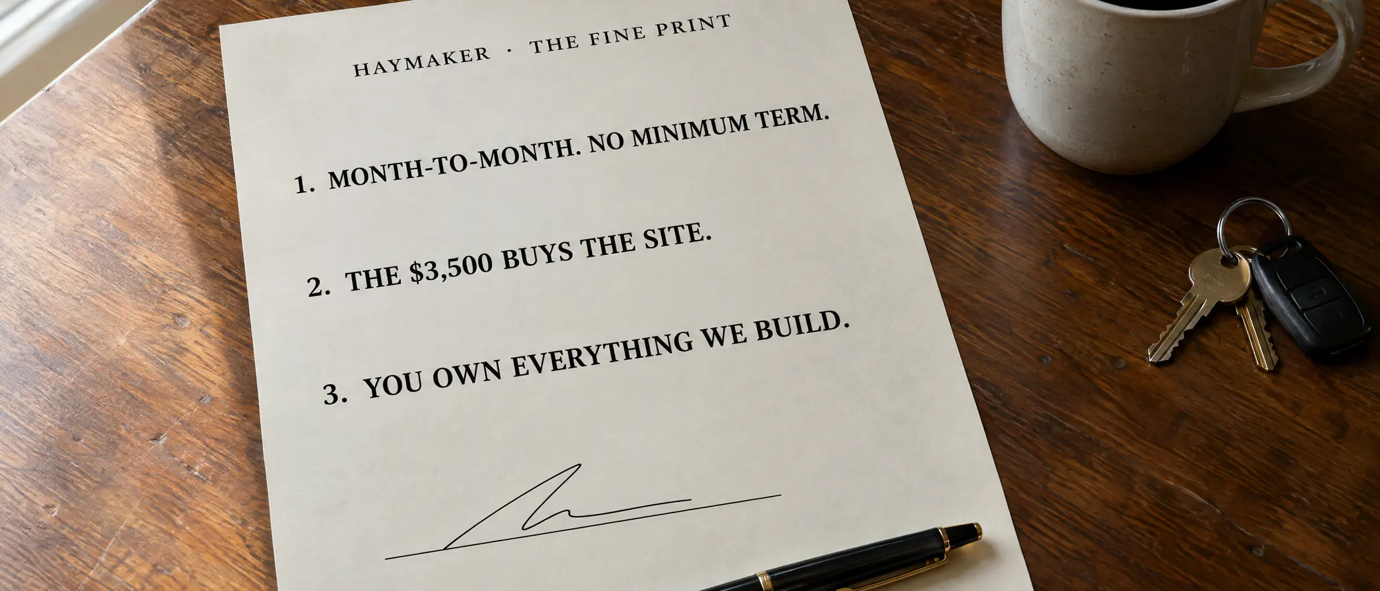 A one-page agreement with three rules in large type, month-to-month, the $3,500 buys the site, you own everything, and a signature.