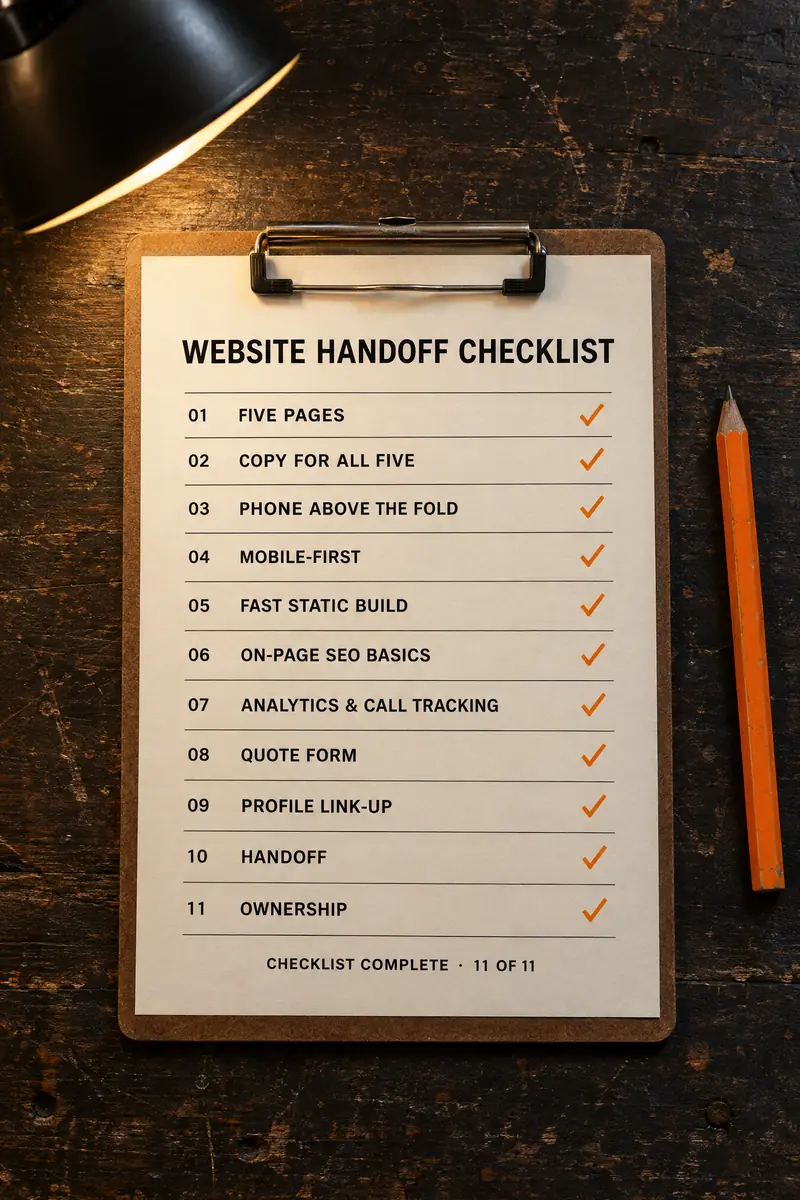 The eleven-item website handoff checklist on a clipboard, every item ticked: checklist complete, 11 of 11.