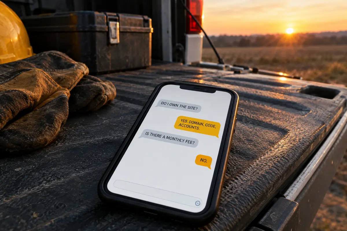 A phone on a truck tailgate showing a text thread: Do I own the site? Yes. Domain, code, accounts. Is there a monthly fee? No.