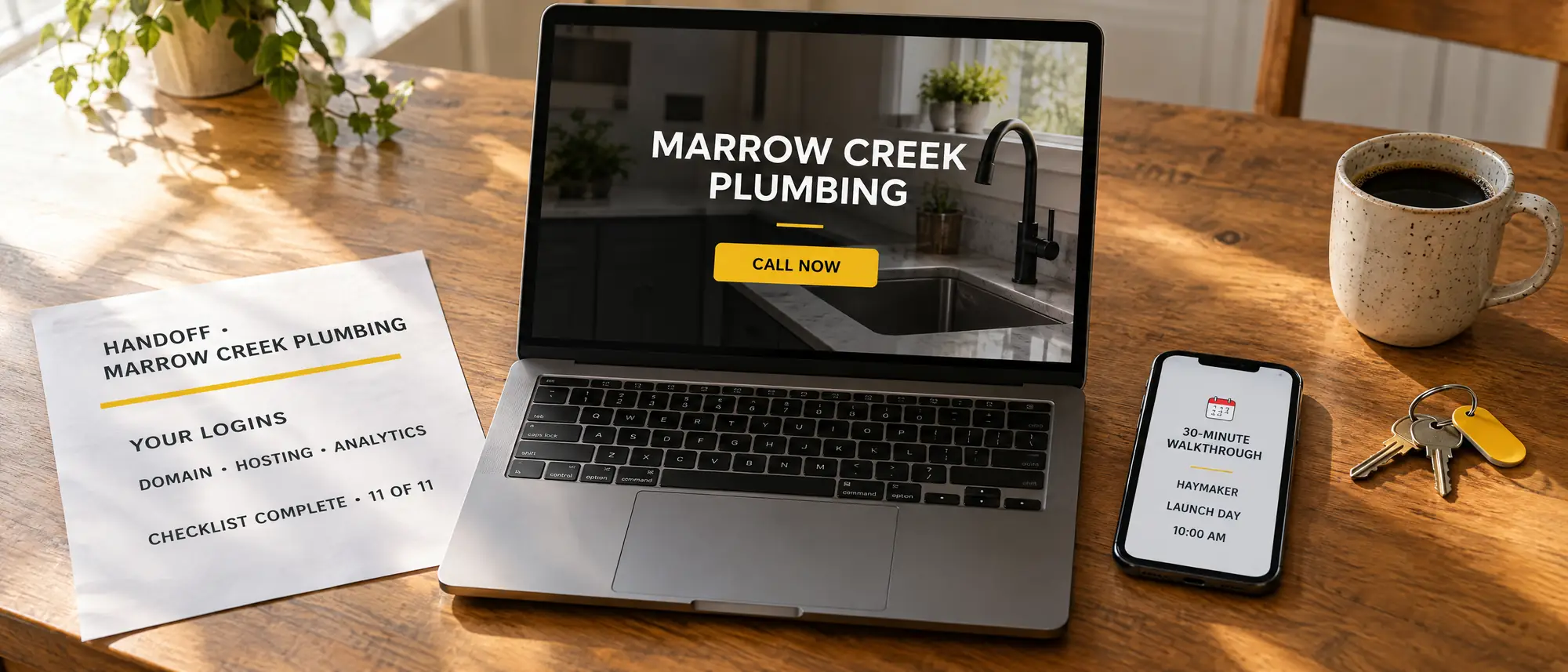 Handoff day on a kitchen table: the printed handoff sheet with logins, a laptop showing the live site with a Call now button, and a phone with the walkthrough call booked.