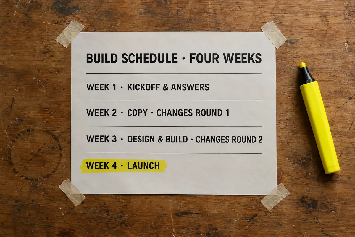 A printed four-week build schedule: kickoff and answers, copy and changes round 1, design and build and changes round 2, launch.