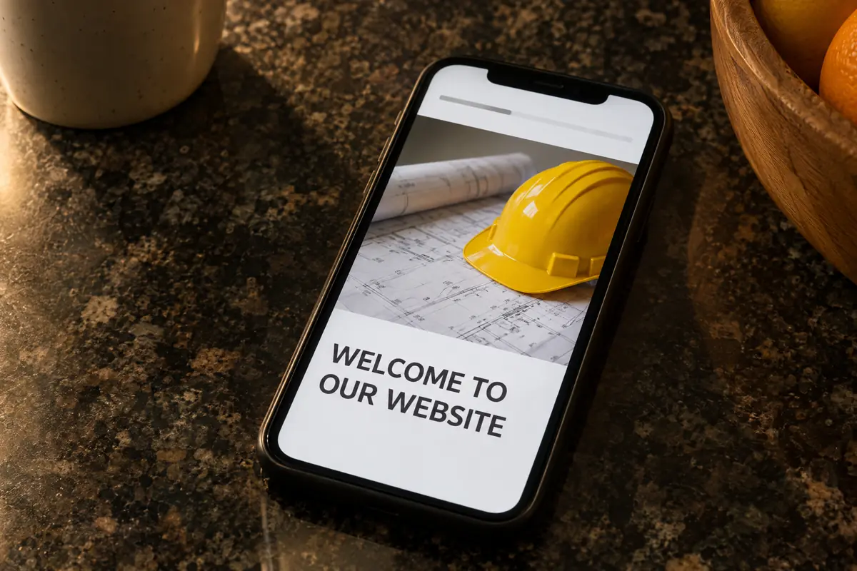 A phone showing a half-loaded template website with a stock photo of a hard hat and the headline Welcome to our website, no phone number anywhere.