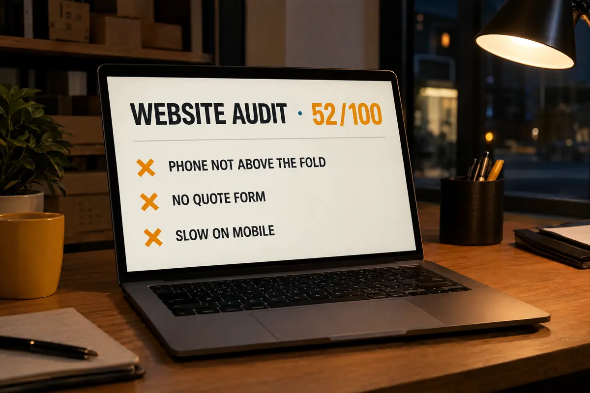 A laptop showing a website audit scored 52 out of 100 with three problems: phone not above the fold, no quote form, slow on mobile.