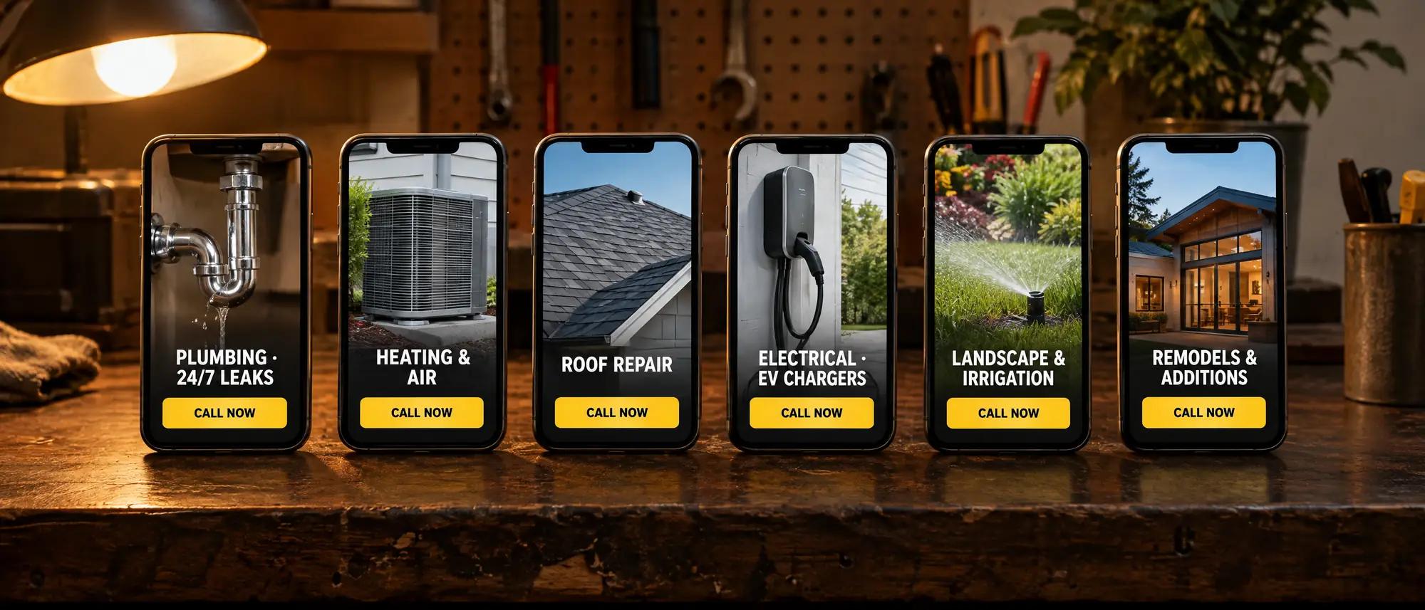 Six phones in a row, each showing the top of a different trade website with a yellow Call now button: plumbing, heating and air, roof repair, electrical, landscape, remodels.