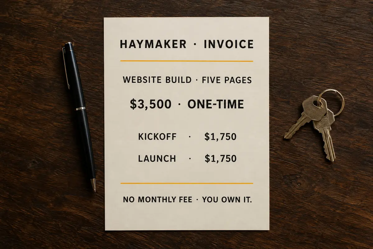 A Haymaker invoice for a five-page website build, $3,500 one-time, split into $1,750 at kickoff and $1,750 at launch, no monthly fee.