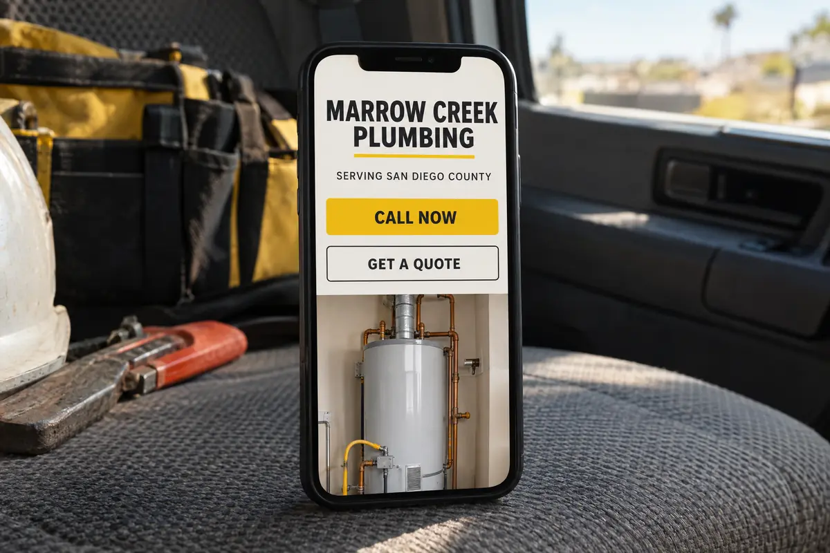 A phone on a truck seat showing a contractor home page: Marrow Creek Plumbing, serving San Diego County, Call now and Get a quote buttons above the fold.
