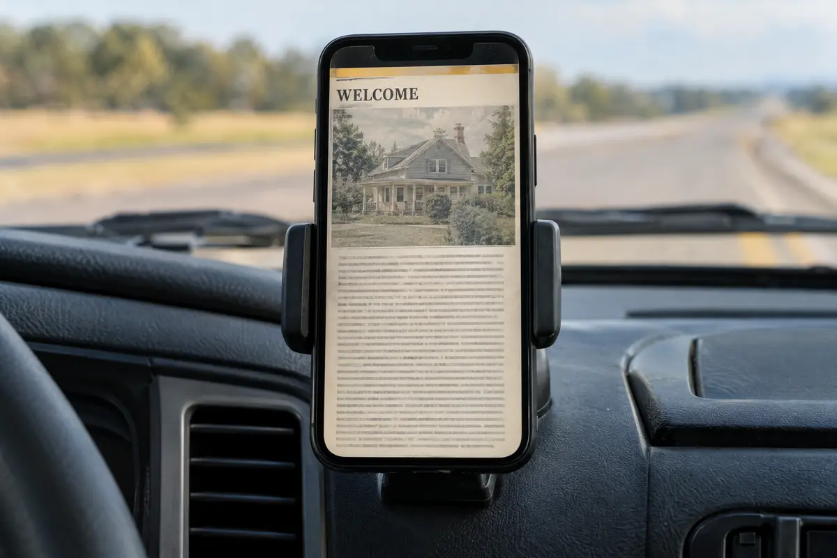 A phone on a truck dashboard showing a dated website: a faded banner photo, a wall of small text and no call button.